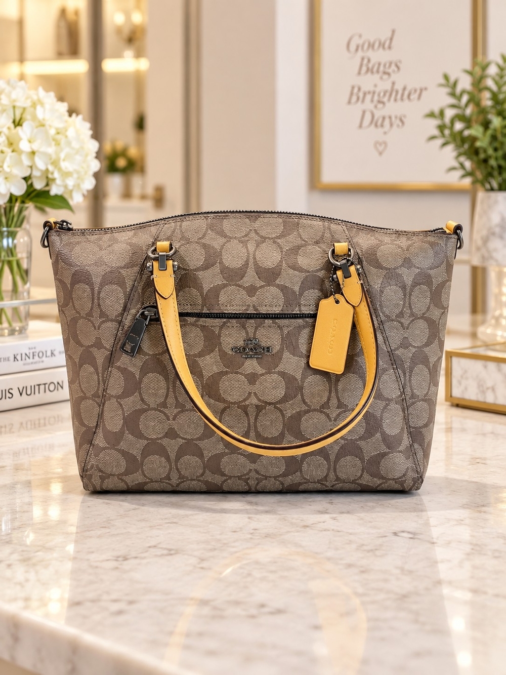 Coach Brown Signature Canvas Shoulder Bag with Yellow Leather Trim